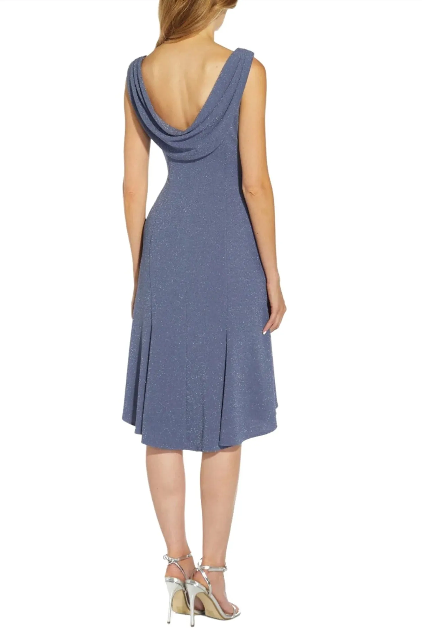 Adrianna Papell Boat Neck Sleeveless Cowl Back Solid Fit & Flare Metallic Knit Dress