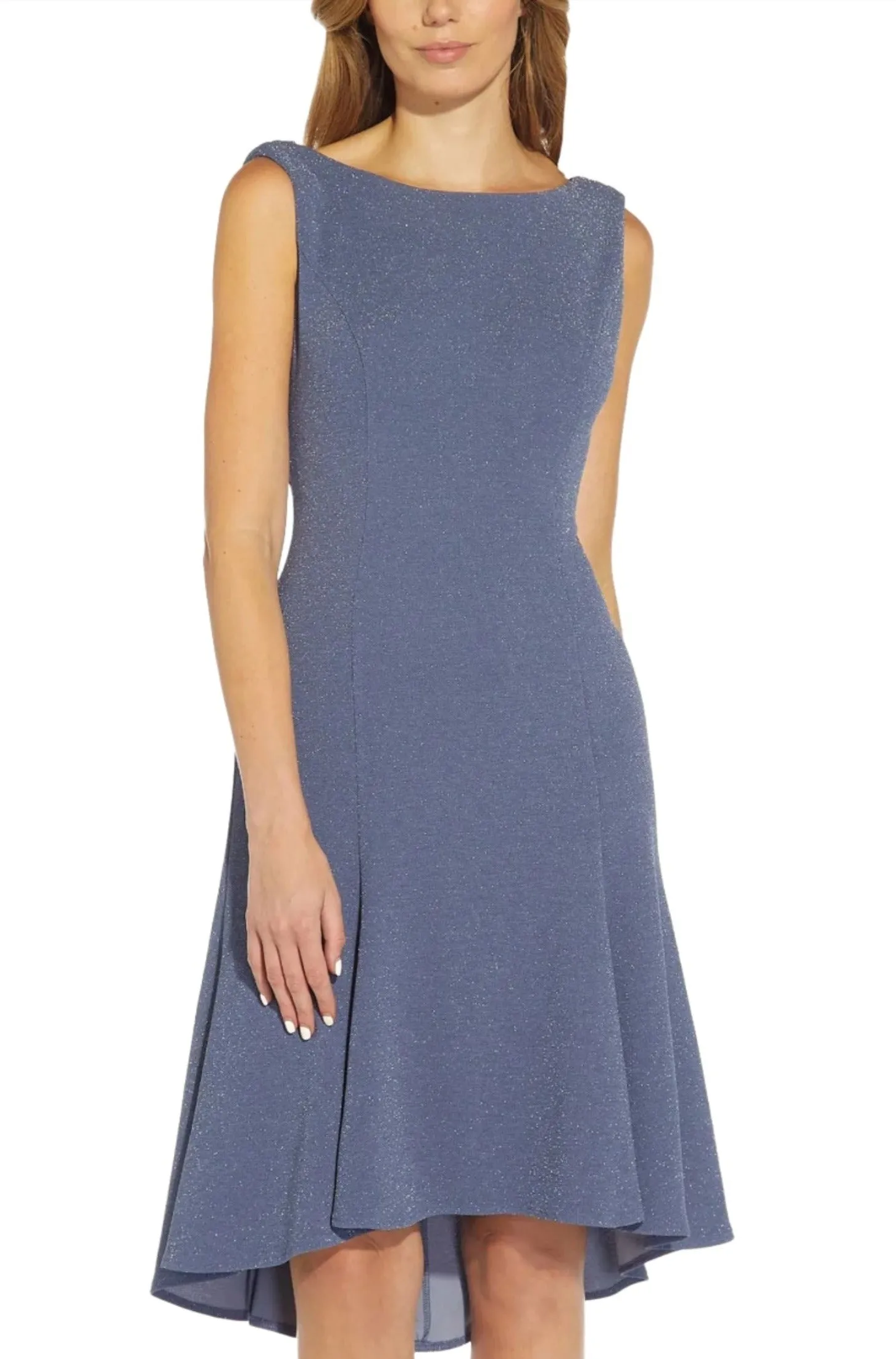 Adrianna Papell Boat Neck Sleeveless Cowl Back Solid Fit & Flare Metallic Knit Dress