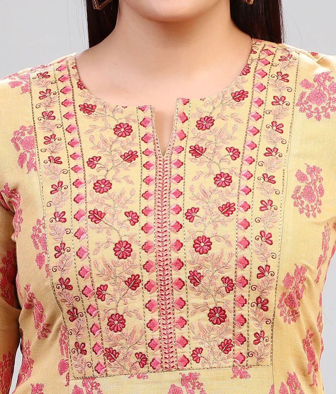 Beige and Pink Cotton Straight Embroidered Kurta
