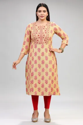 Beige and Pink Cotton Straight Embroidered Kurta