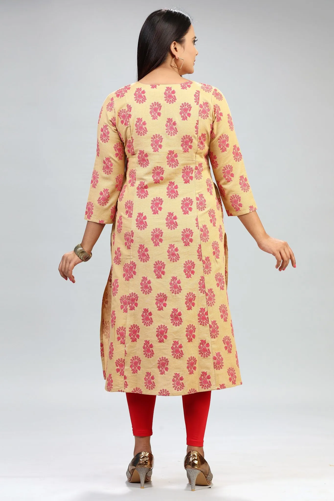 Beige and Pink Cotton Straight Embroidered Kurta