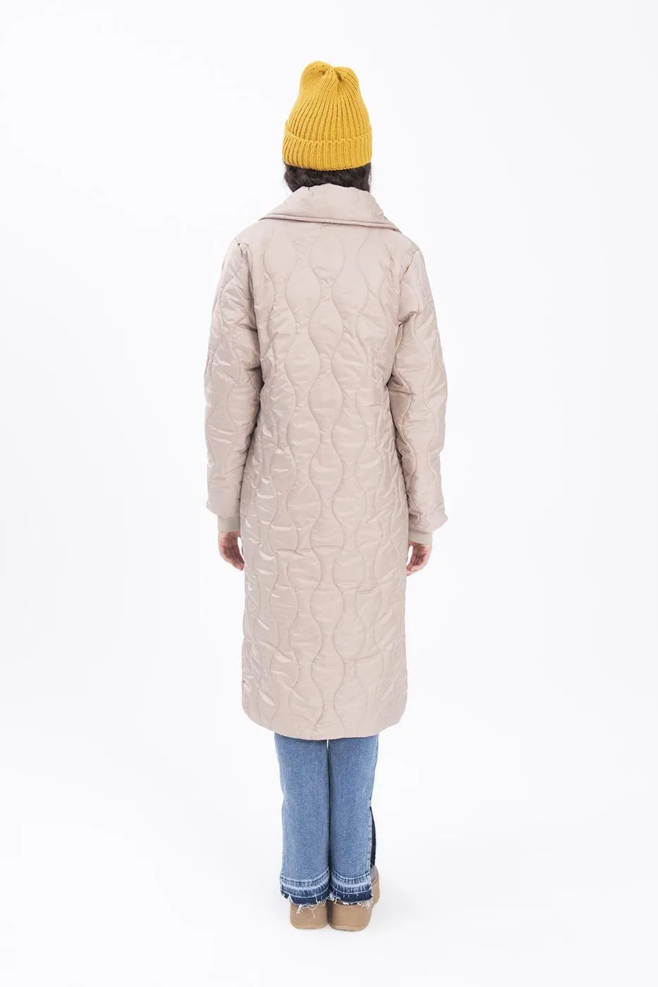 Beige Shawl Collar Quilted Puffer Coat