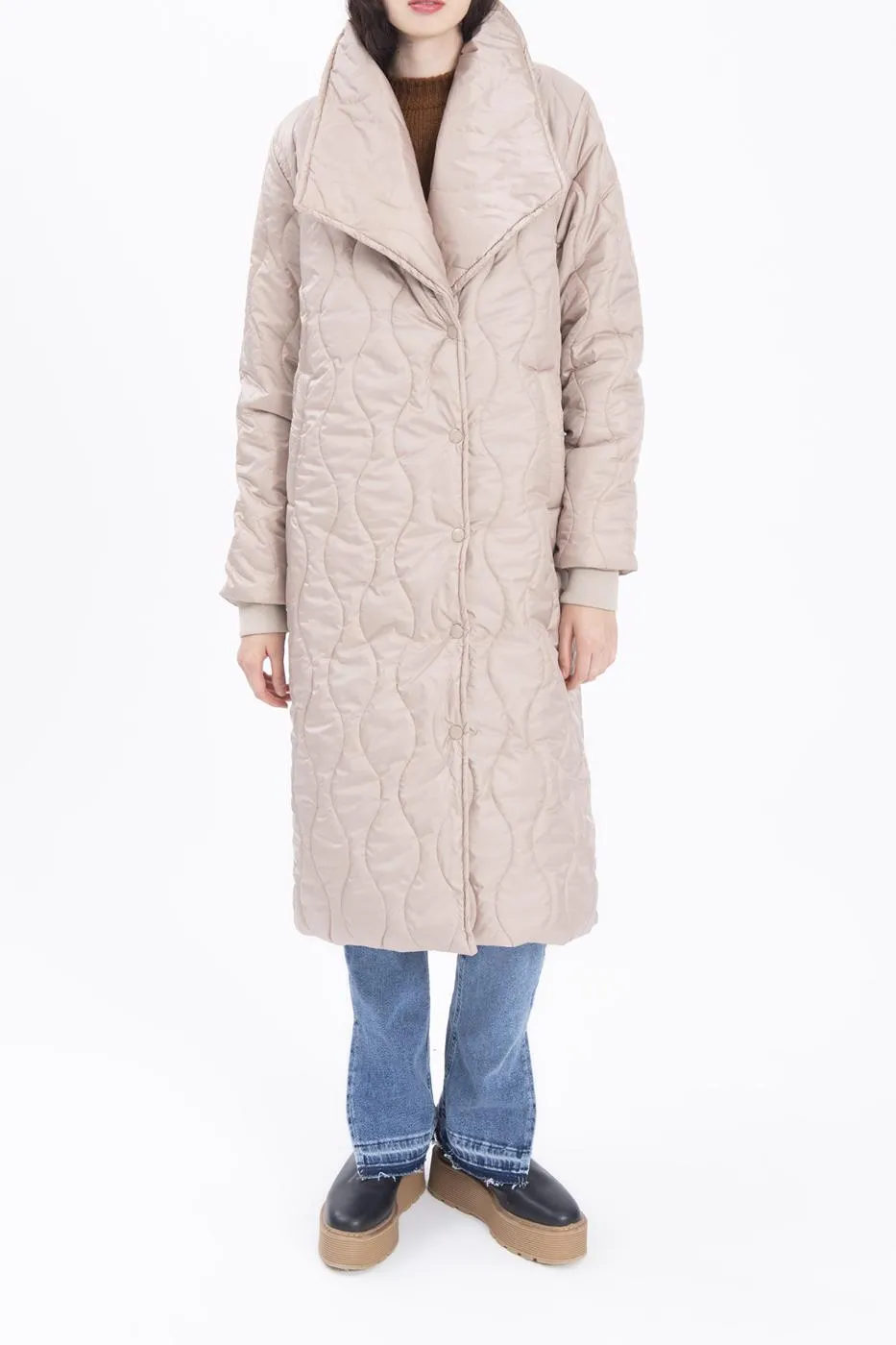 Beige Shawl Collar Quilted Puffer Coat
