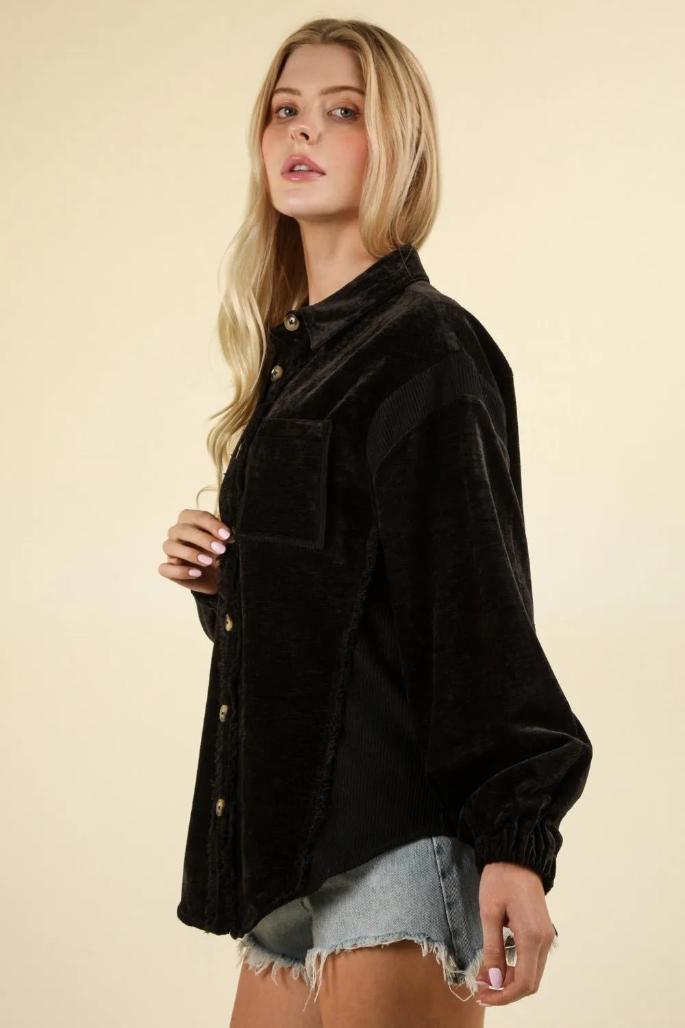 Black Mixed Media Button Down Raw Hem Shacket