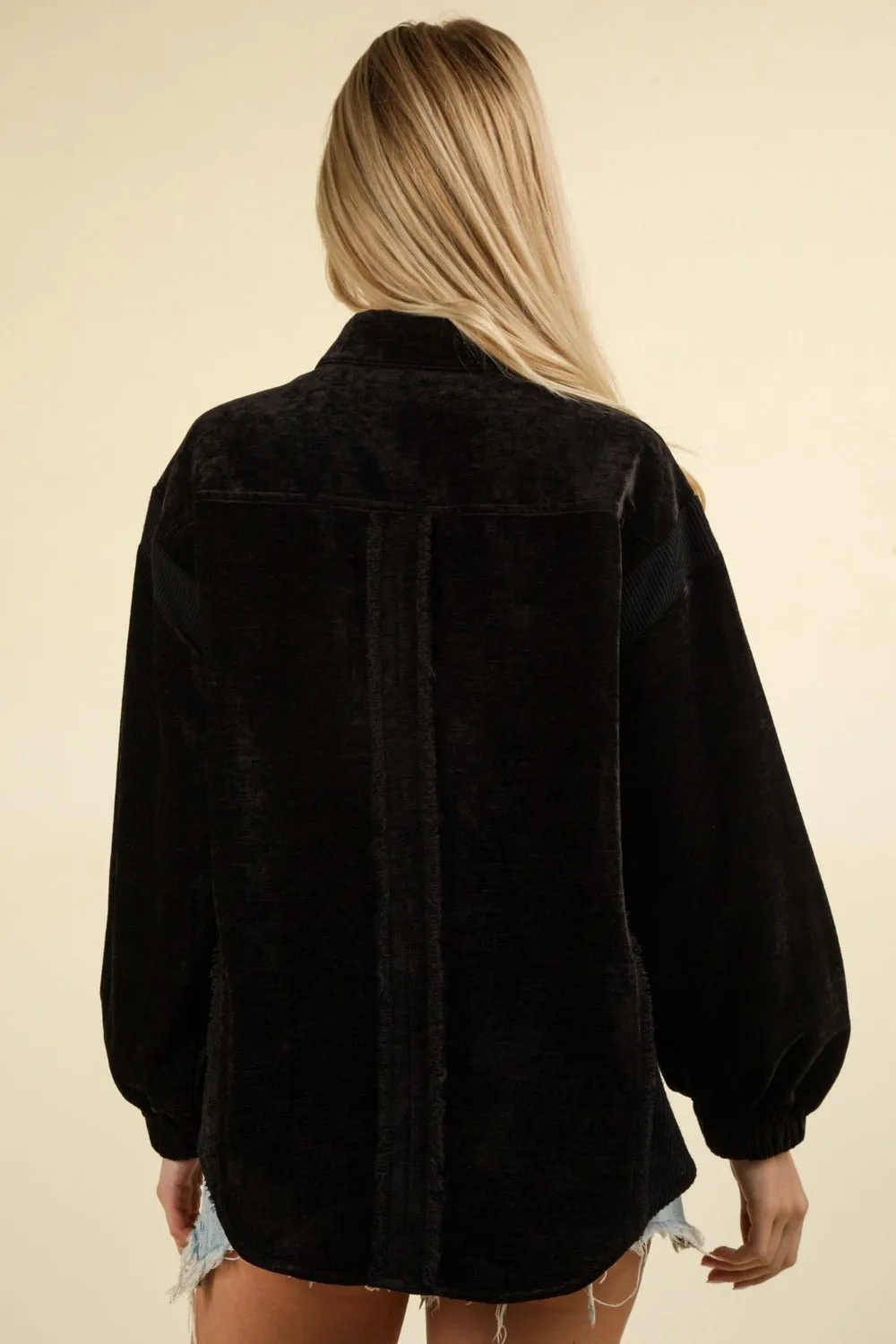 Black Mixed Media Button Down Raw Hem Shacket