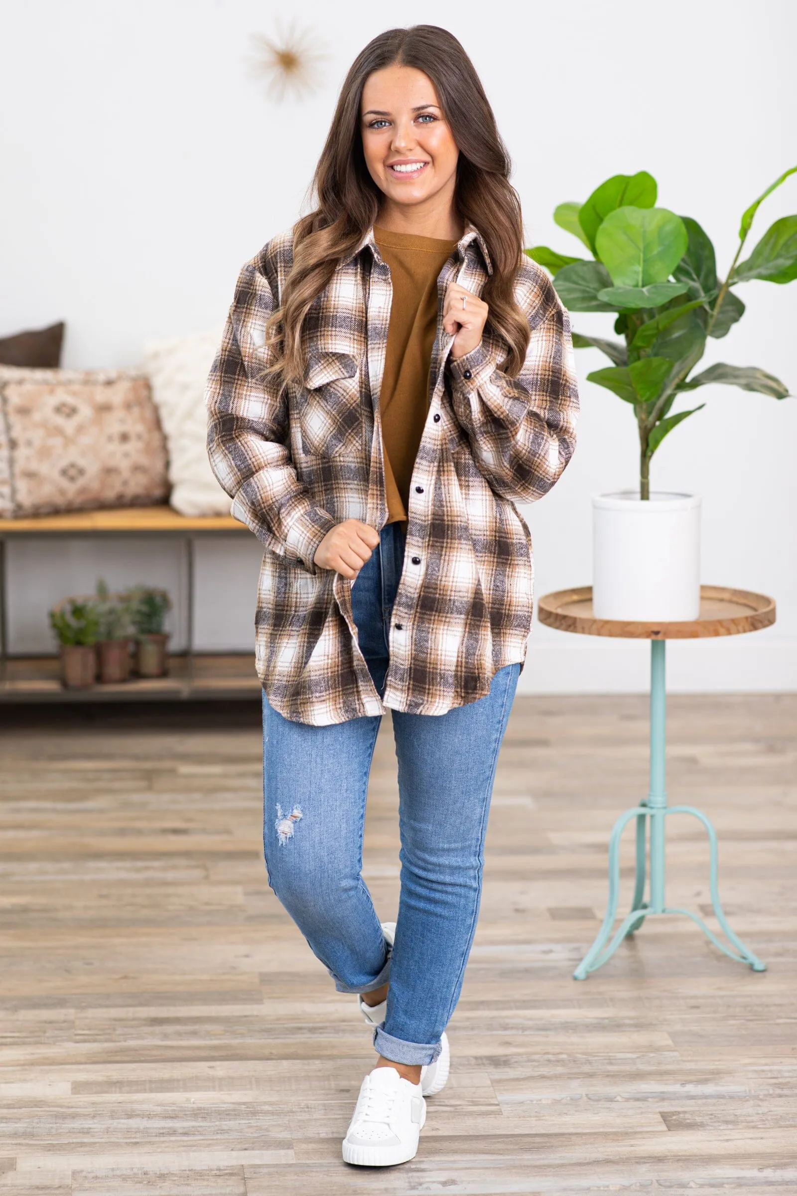 Brown and Ivory Plaid Shacket