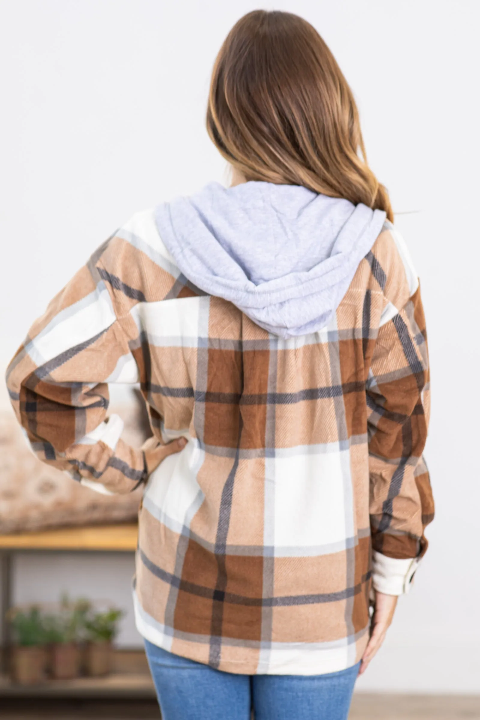 Brown Plaid Fleece Shacket With Hood