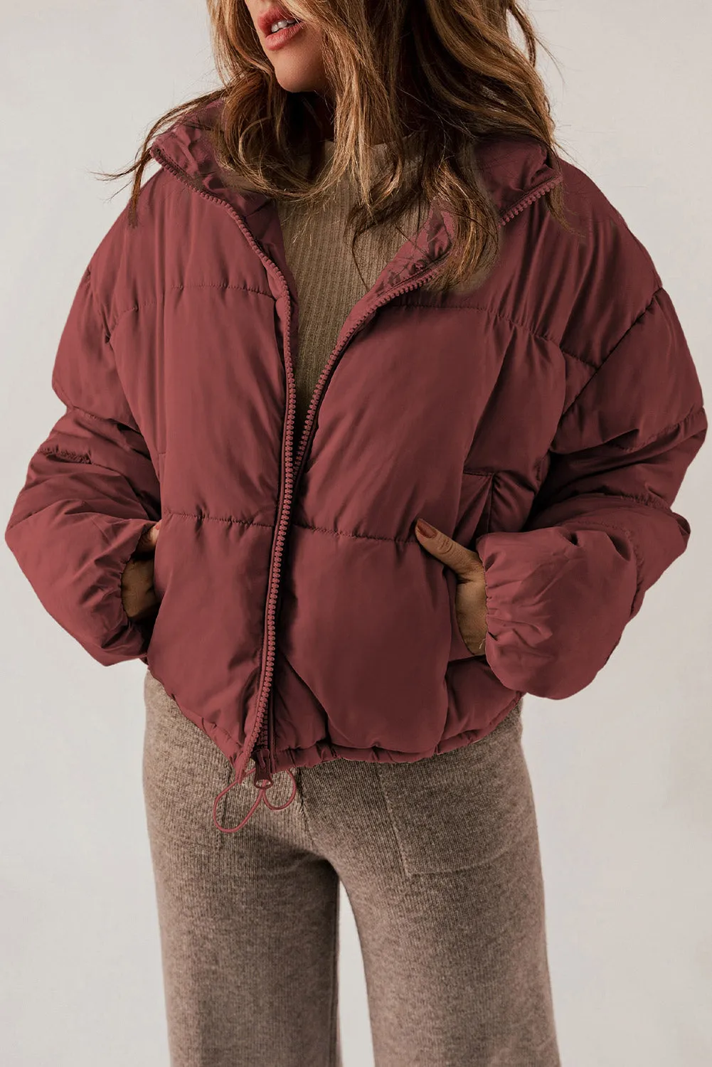 Burgundy Zip Up Drawstring Hem Puffer Coat