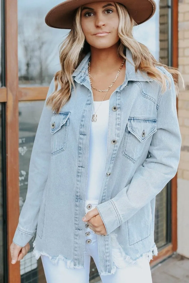 Chloe Light Denim Distressed Denim Jacket