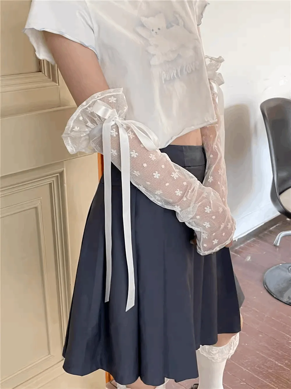 Coquette Polka Dot See Through Transparent Pink Blue White Black Ribbon Arm Warmers
