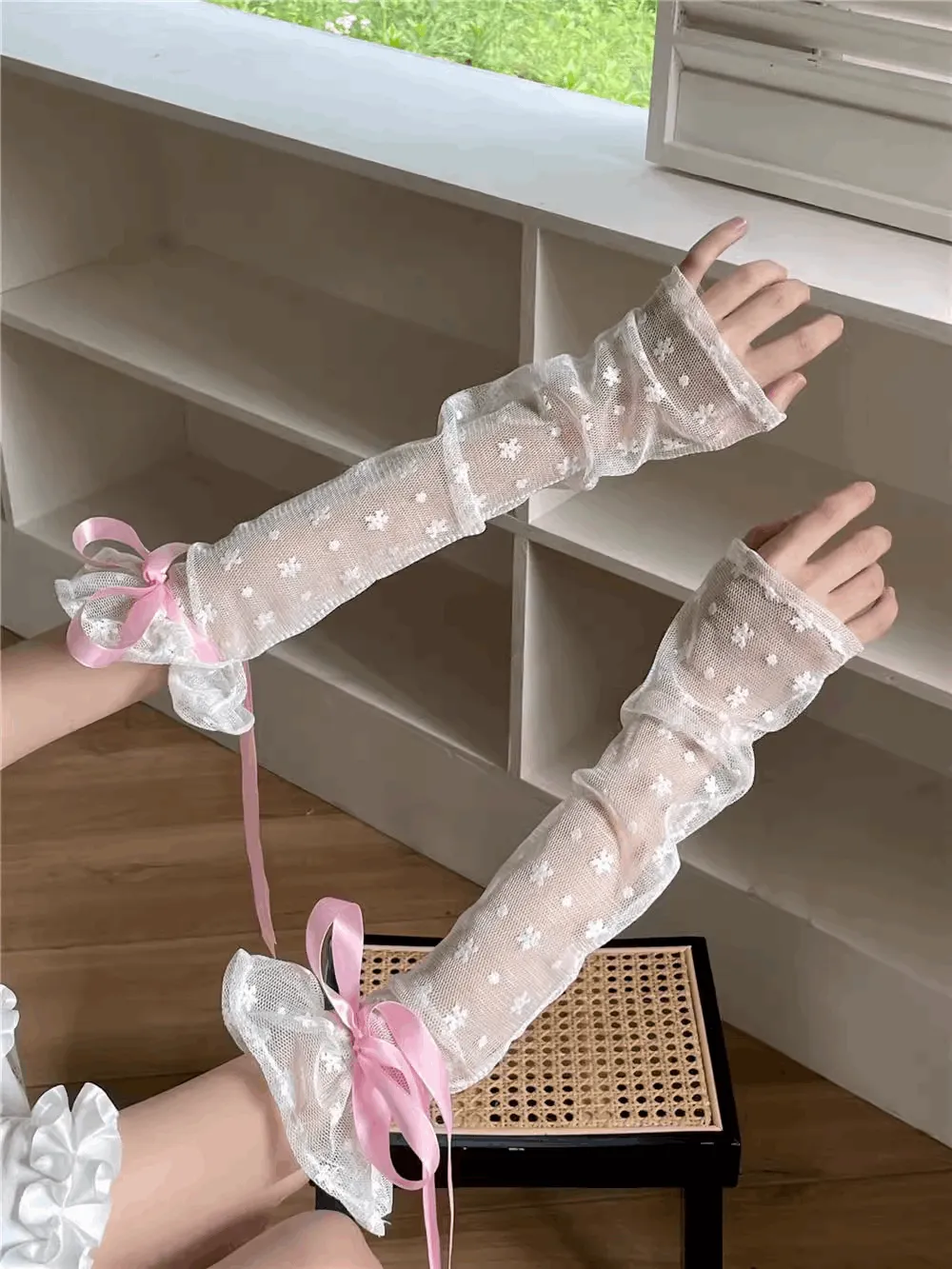Coquette Polka Dot See Through Transparent Pink Blue White Black Ribbon Arm Warmers