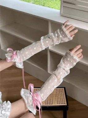 Coquette Polka Dot See Through Transparent Pink Blue White Black Ribbon Arm Warmers