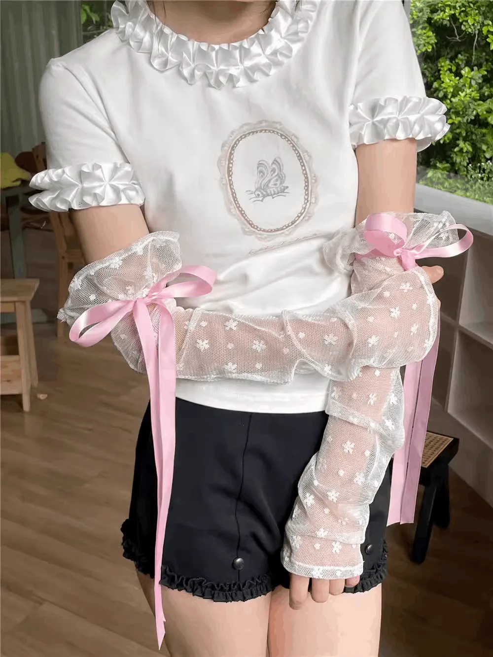 Coquette Polka Dot See Through Transparent Pink Blue White Black Ribbon Arm Warmers