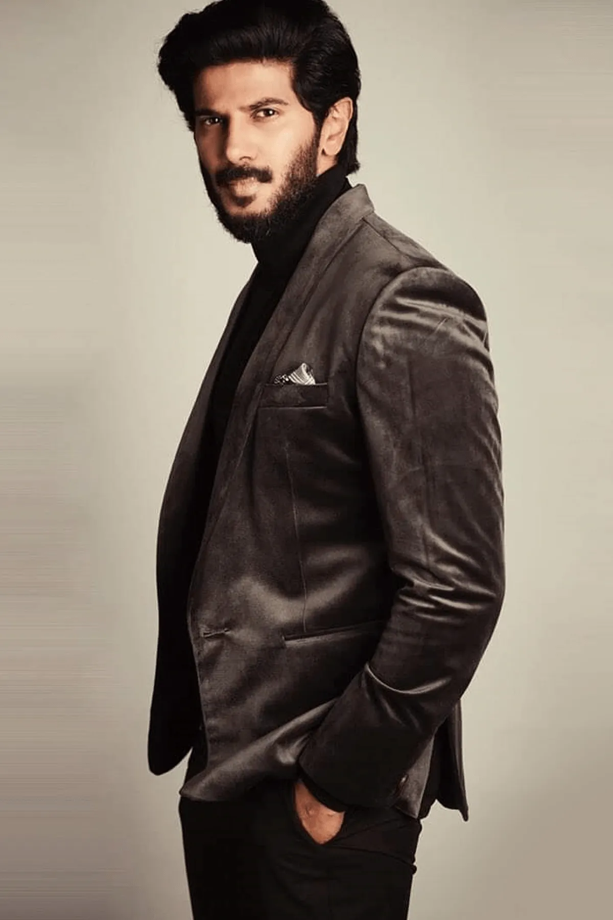 Dulquer Salman In Dark Grey Jacket, Black Polo Neck, Black Trousers