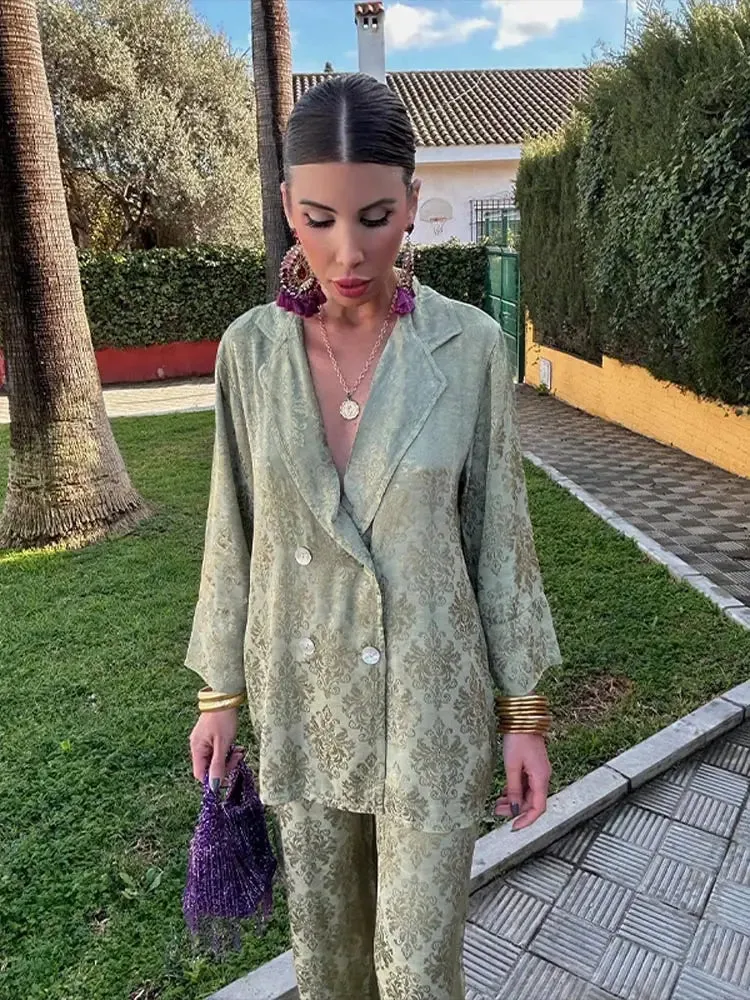 Fashionkova Women's Elegant Printed Pant Set Spring Fashion V Neck Long Sleeve Coat Loose High Waist Trousers Sets Fashion Chic Ladies Suit