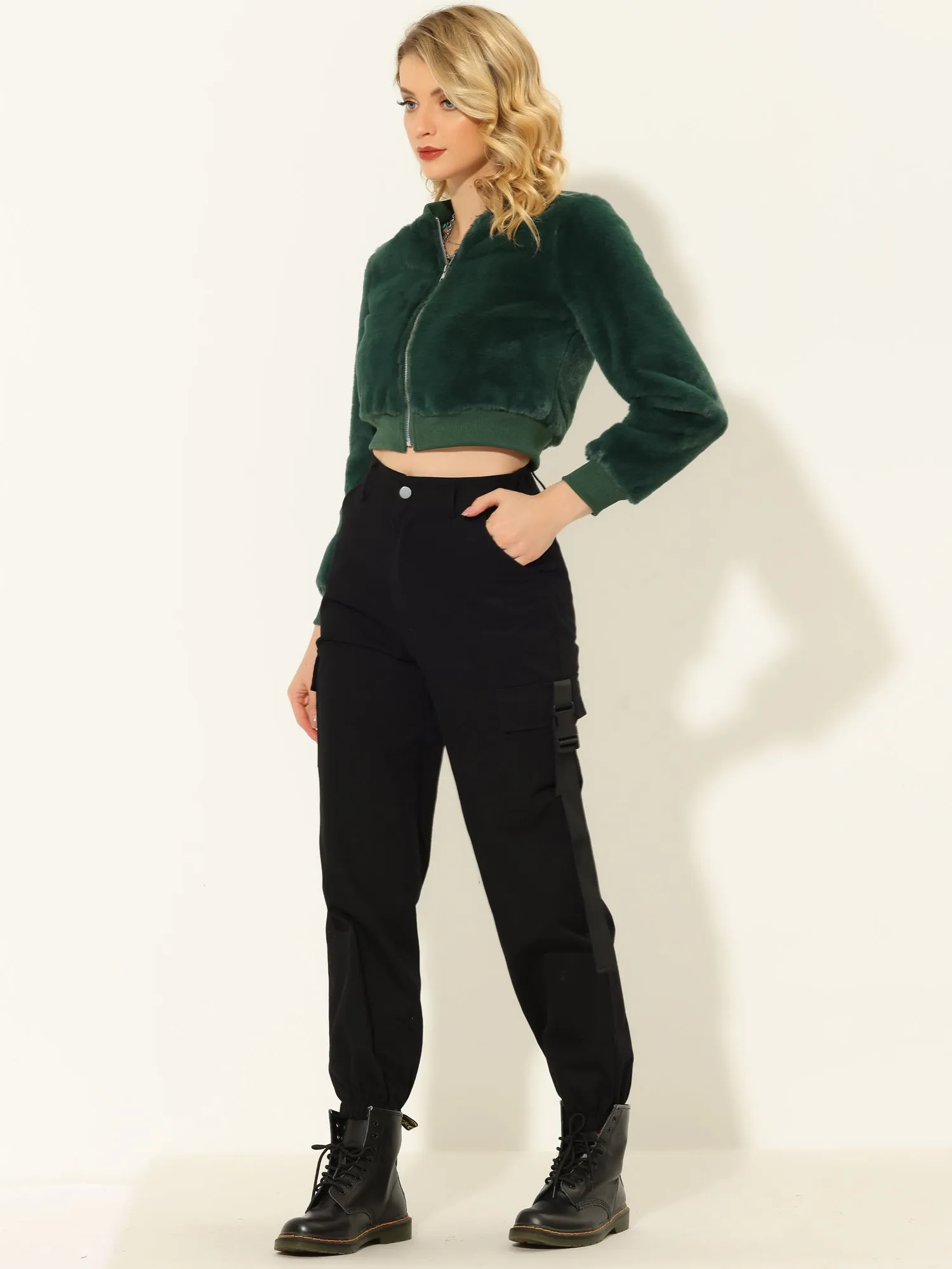 Faux Fur Long Sleeve Winter Zipper Up Cropped Bomber Jacket