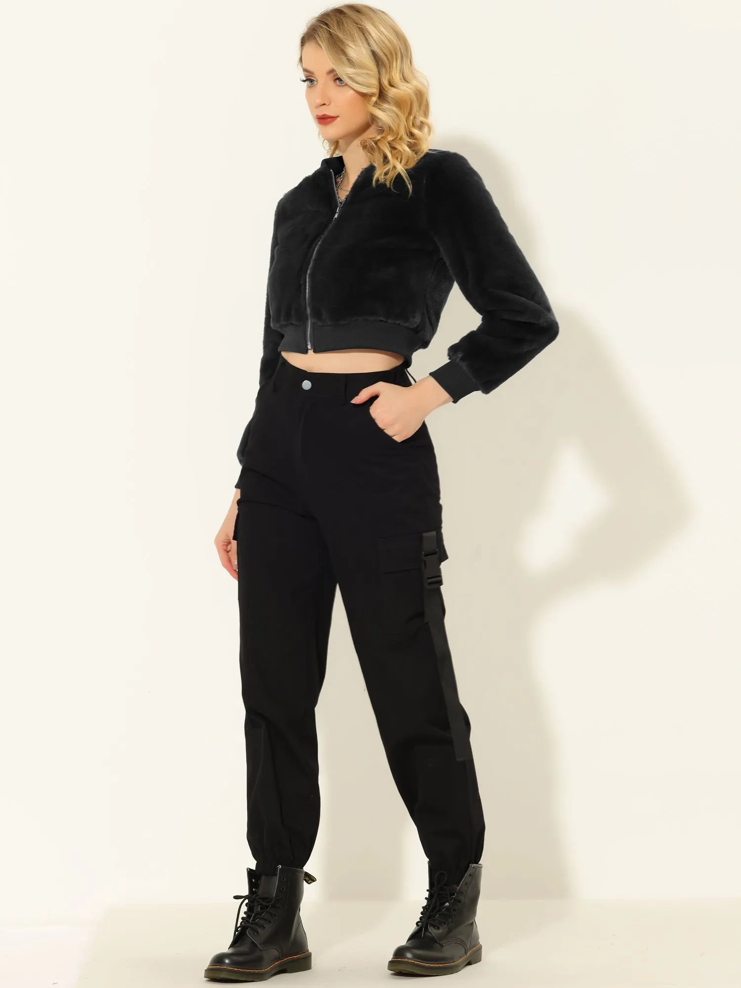 Faux Fur Long Sleeve Winter Zipper Up Cropped Bomber Jacket