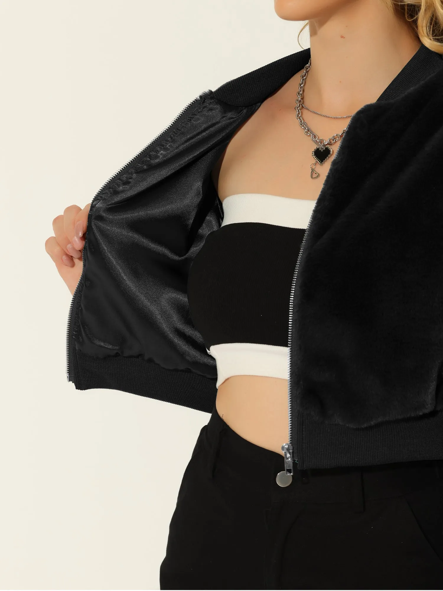 Faux Fur Long Sleeve Winter Zipper Up Cropped Bomber Jacket