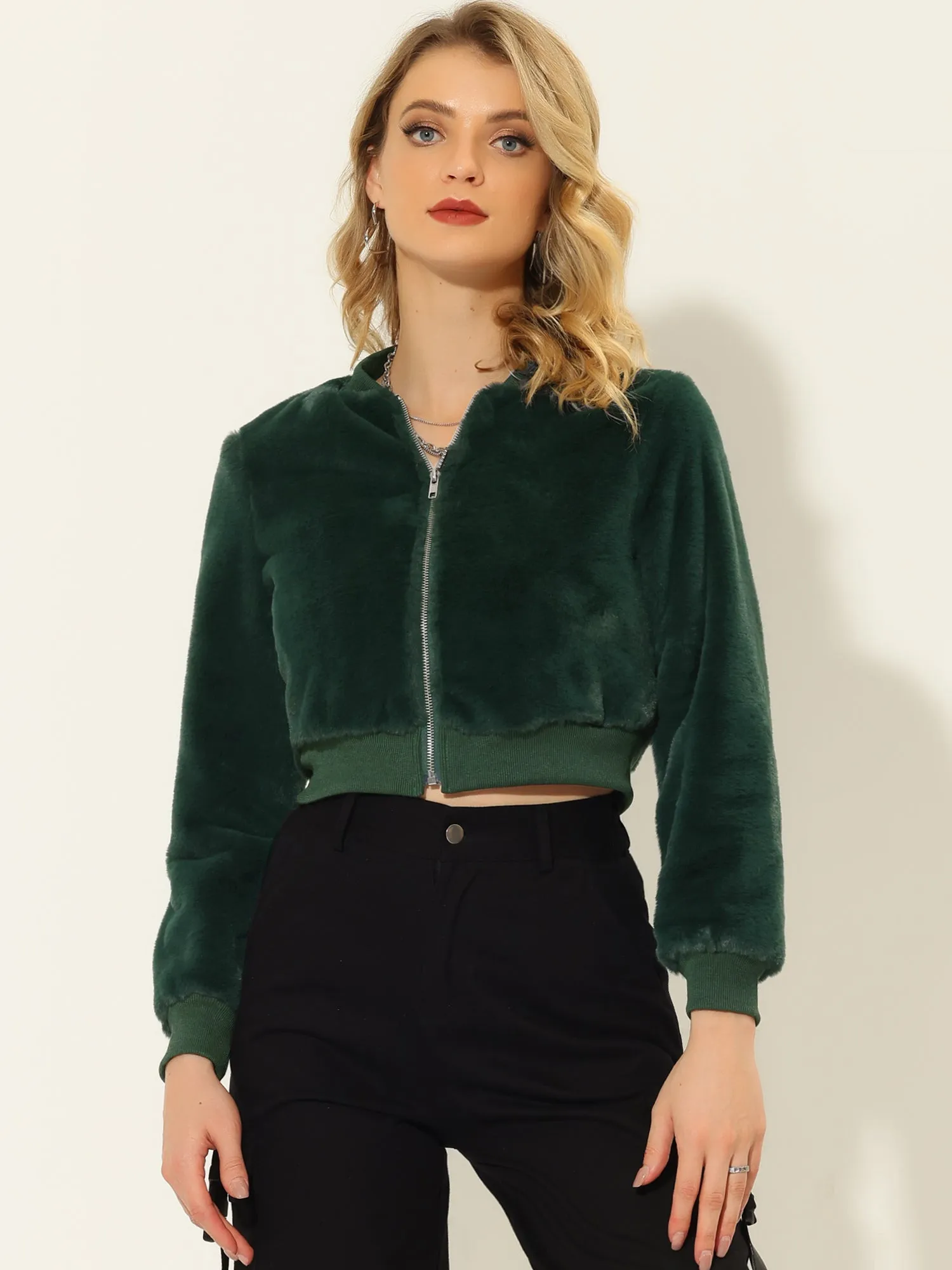 Faux Fur Long Sleeve Winter Zipper Up Cropped Bomber Jacket