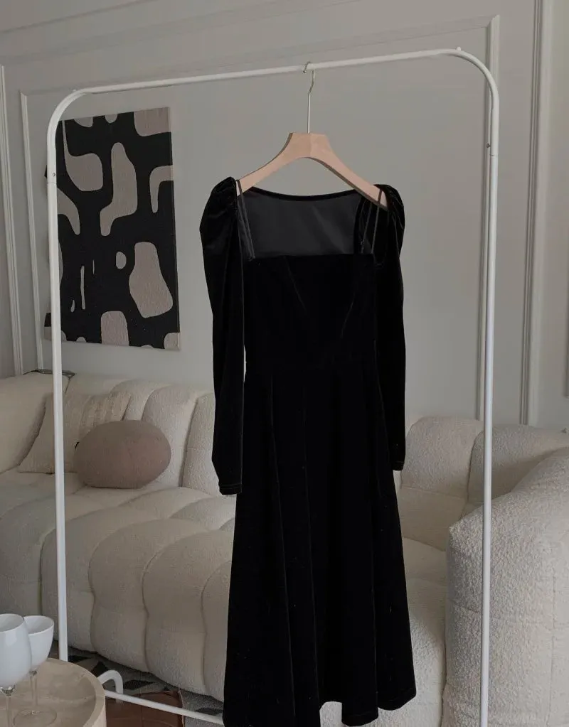 French Black Velvet Spaghetti Strap Midi Dresses for Women Autumn Elegant Party 2-piece A-line Evening Prom Female Clothing