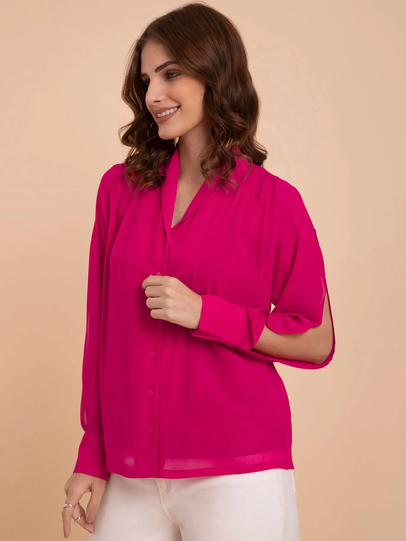 Georgette Shawl Collar Shirt - Fuchsia