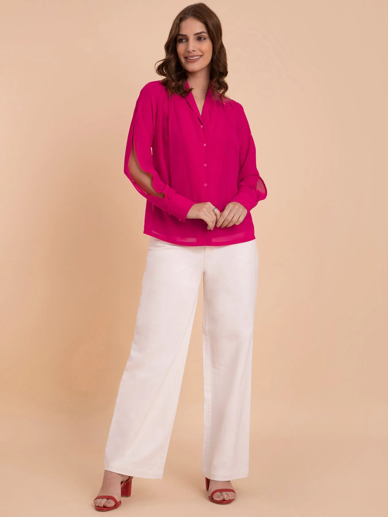 Georgette Shawl Collar Shirt - Fuchsia