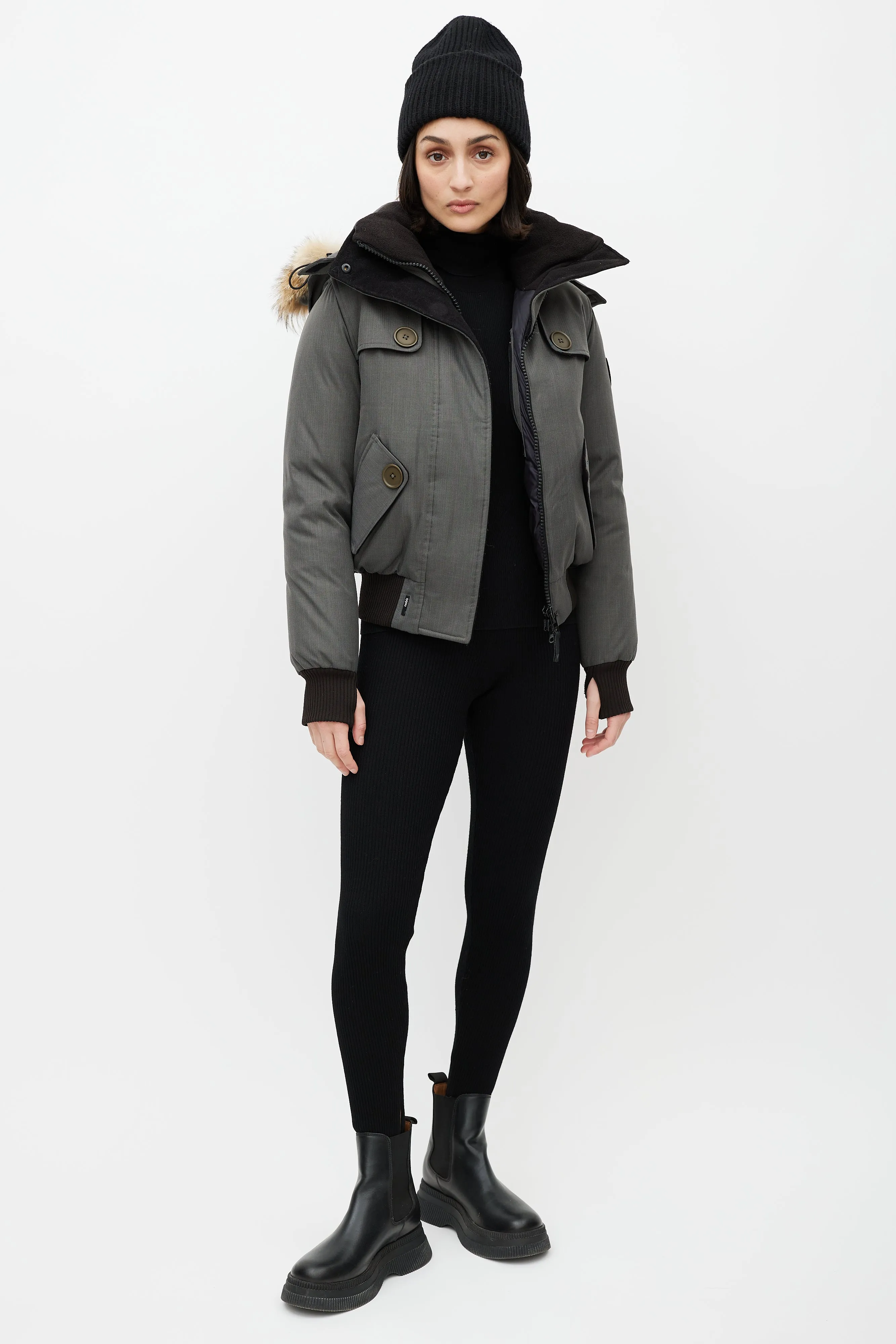 Grey Hooded Down Bomber Jacket