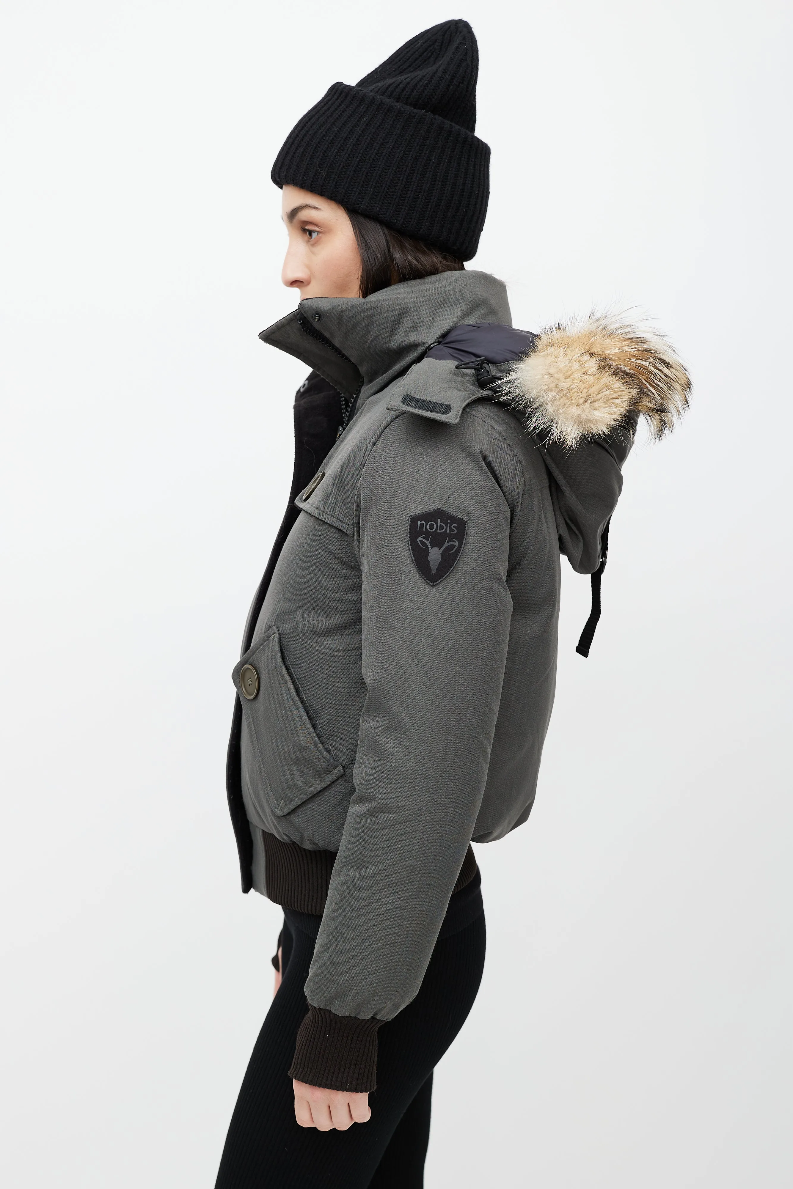 Grey Hooded Down Bomber Jacket