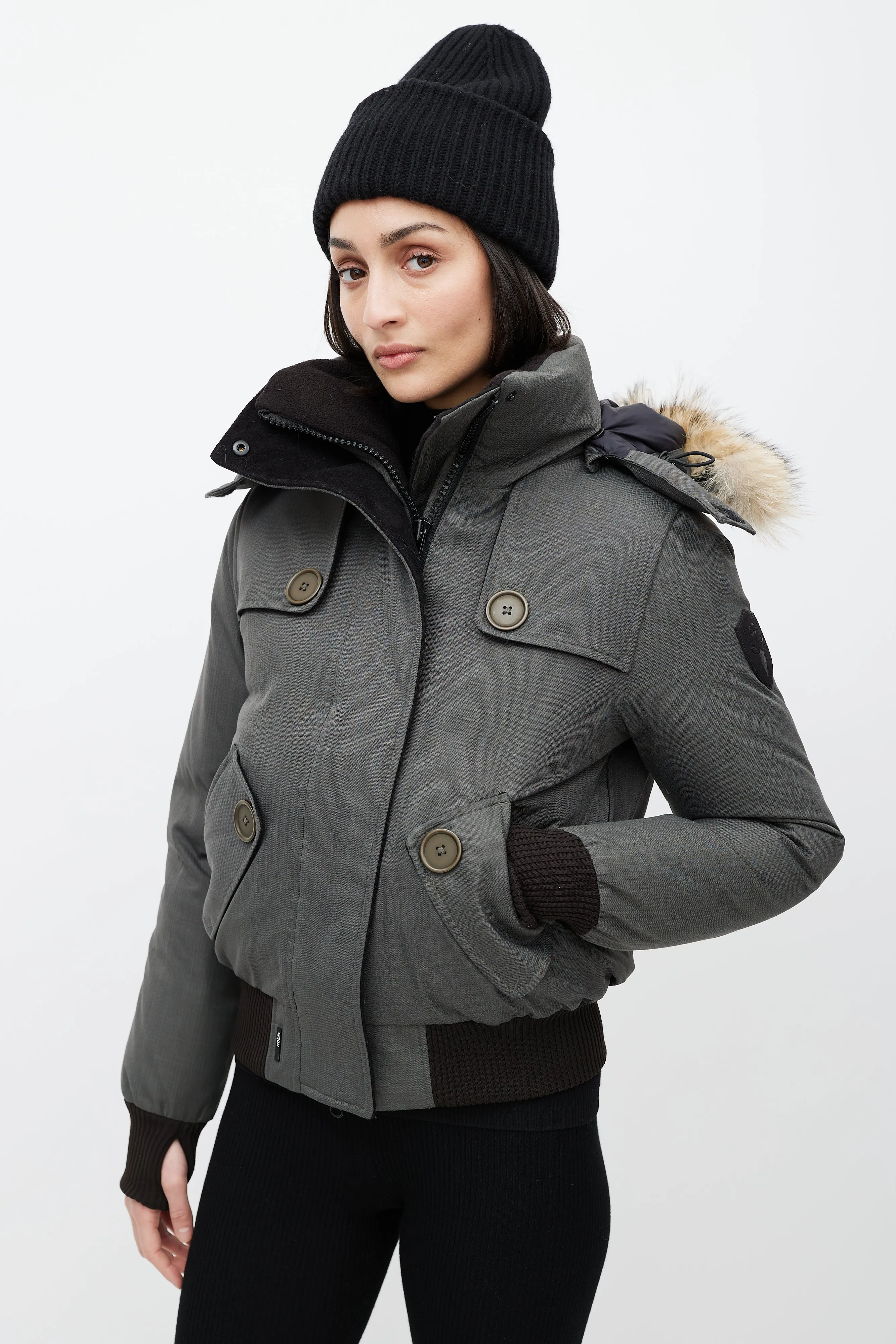 Grey Hooded Down Bomber Jacket