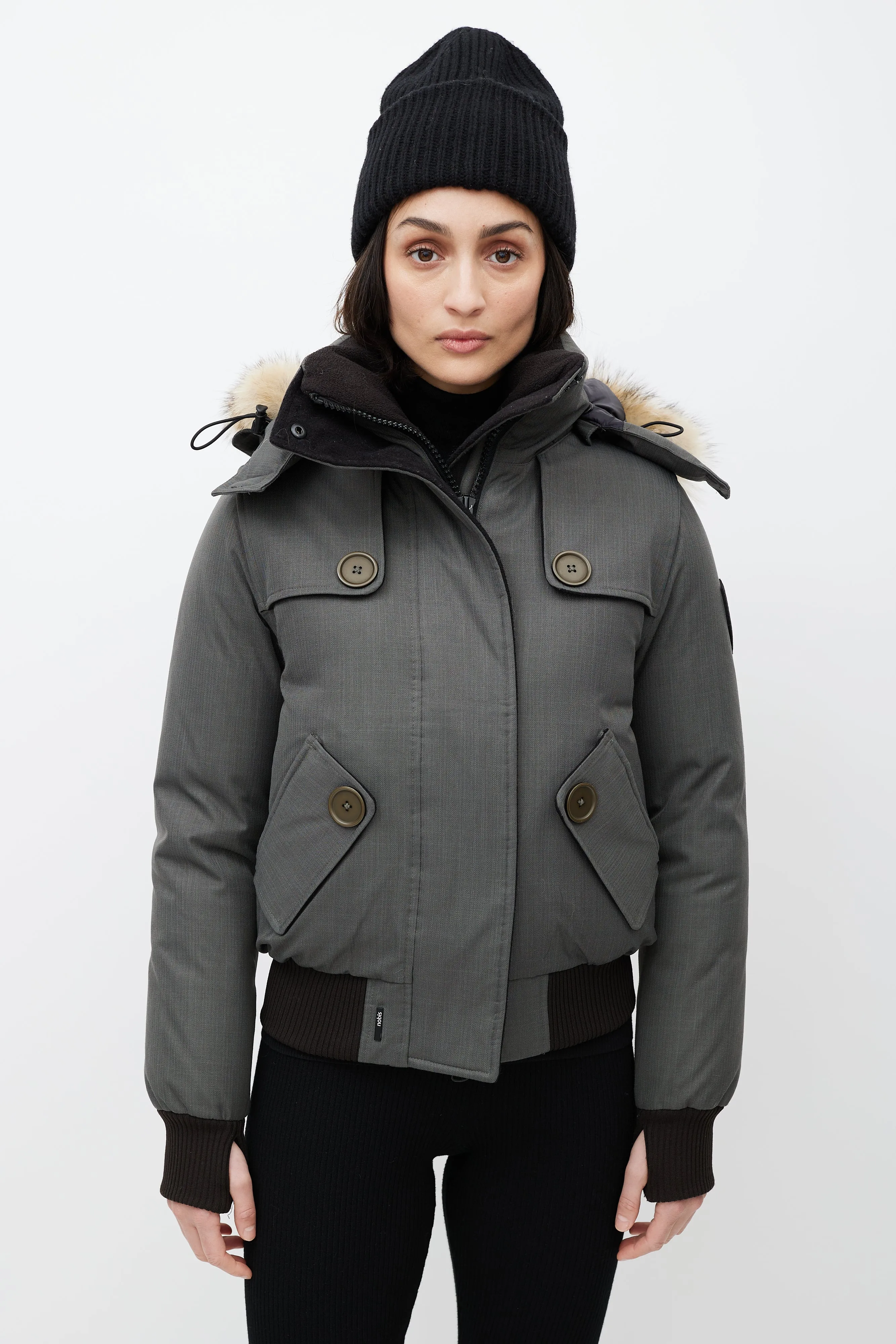 Grey Hooded Down Bomber Jacket