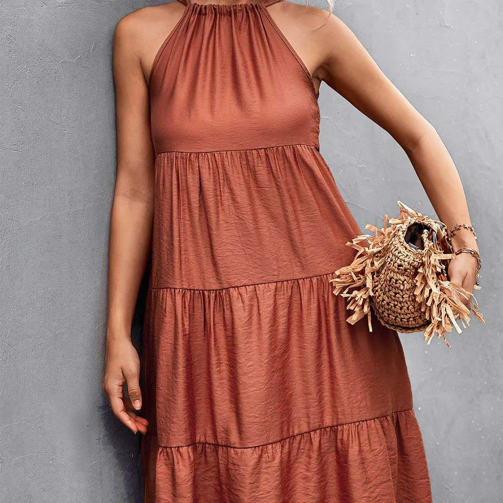 Halterneck Pleated Panel Maxi Dress