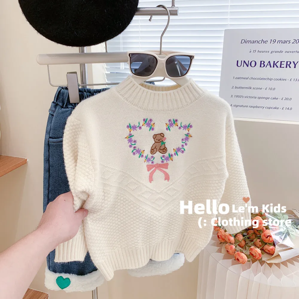 Korean children's clothing 2024 autumn and winter clothing girls' foreign-style thickened sweater knitted sweater children's three-dimensional love color top