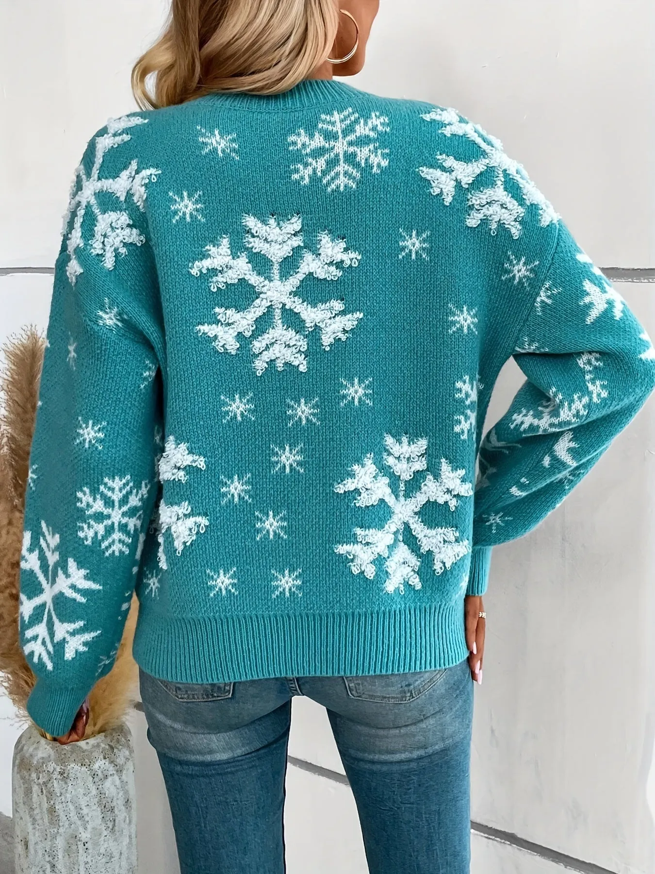 Long Sleeve Snowflake Pattern Casual Crew Neck Sweater for Winter & Fall, Women's Clothing