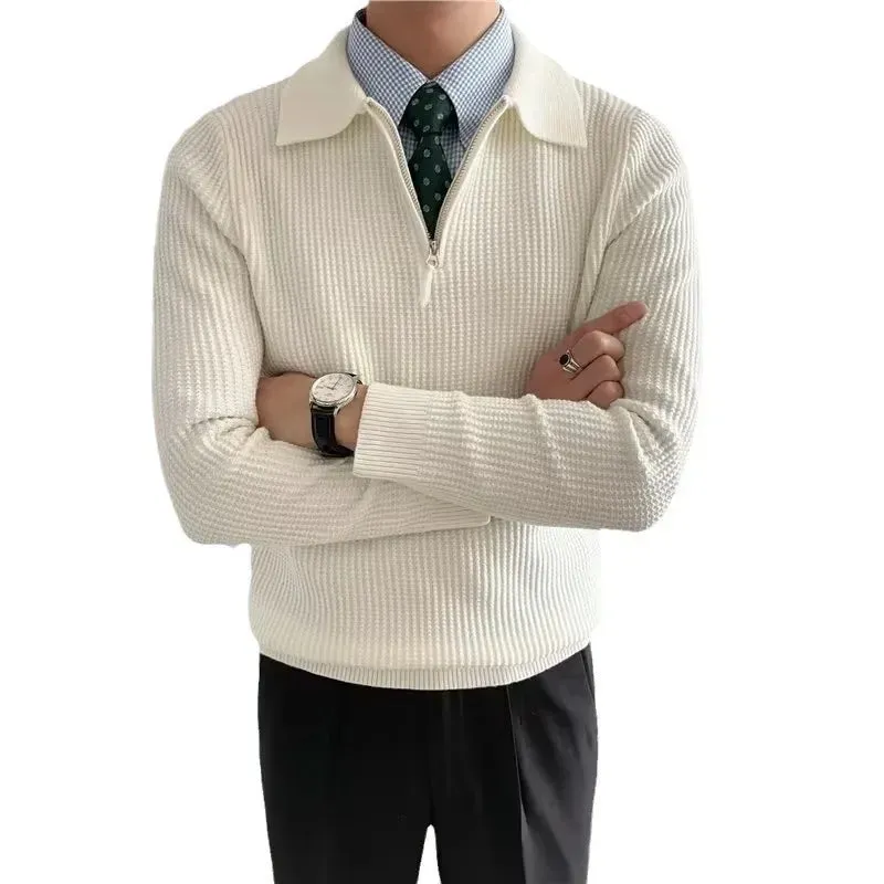 Men’s Korean-Style Loose-Fit Half-Zip Polo Sweater – Autumn/Winter Knitwear