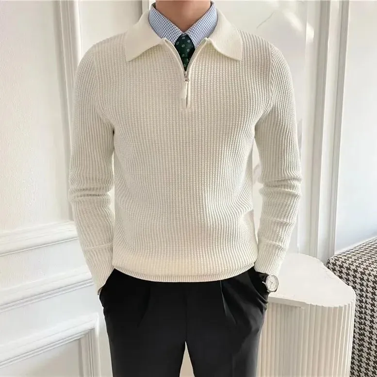 Men’s Korean-Style Loose-Fit Half-Zip Polo Sweater – Autumn/Winter Knitwear