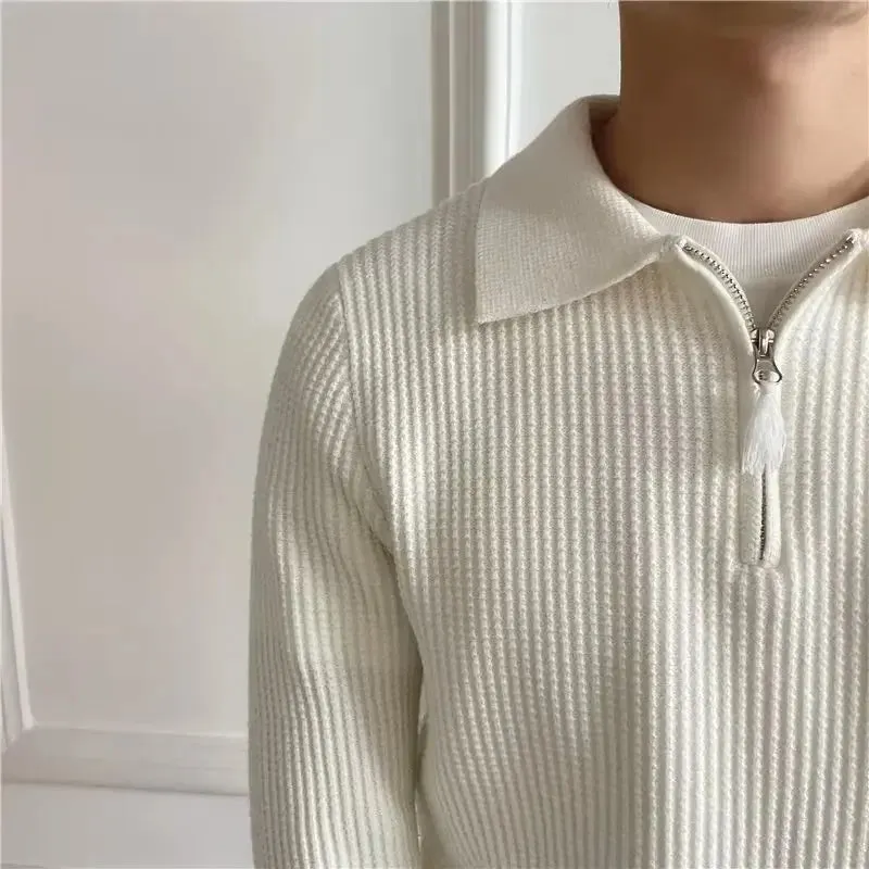 Men’s Korean-Style Loose-Fit Half-Zip Polo Sweater – Autumn/Winter Knitwear