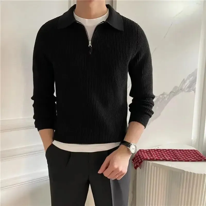 Men’s Korean-Style Loose-Fit Half-Zip Polo Sweater – Autumn/Winter Knitwear