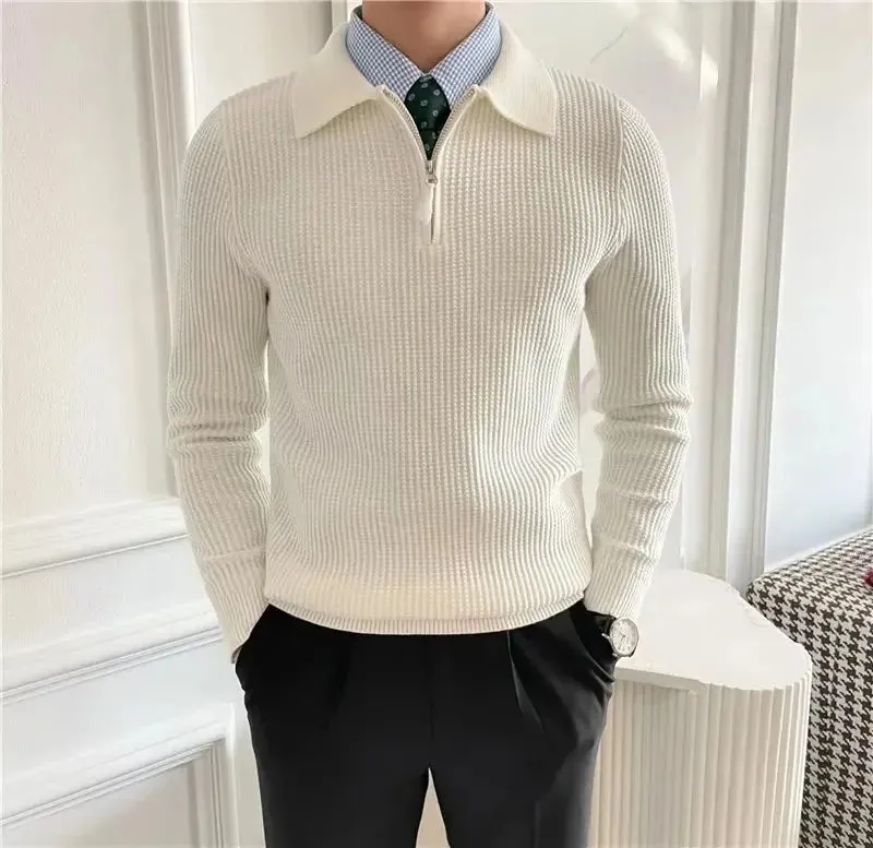Men’s Korean-Style Loose-Fit Half-Zip Polo Sweater – Autumn/Winter Knitwear
