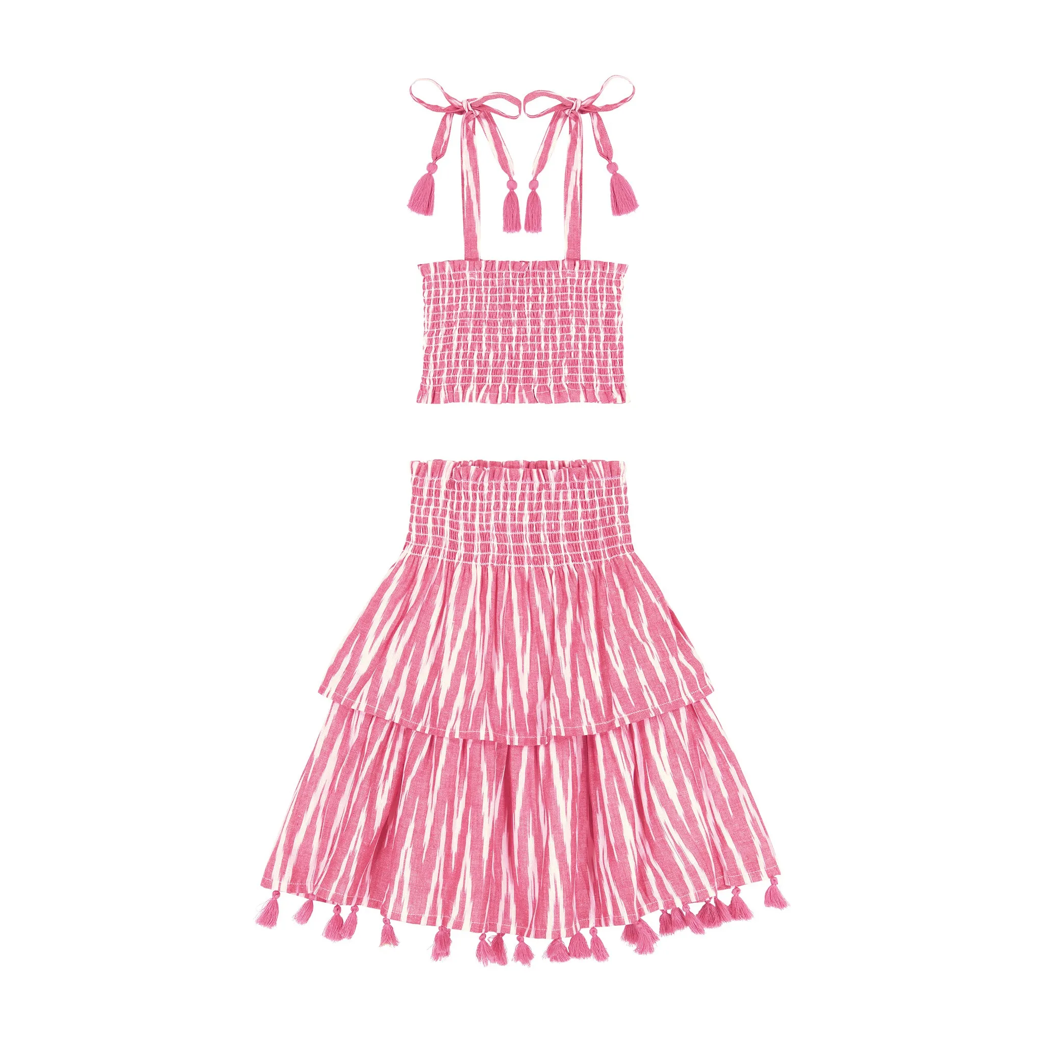 Noelle Girl's Smocked Top and Maxi Skirt Set in Rose Ikat