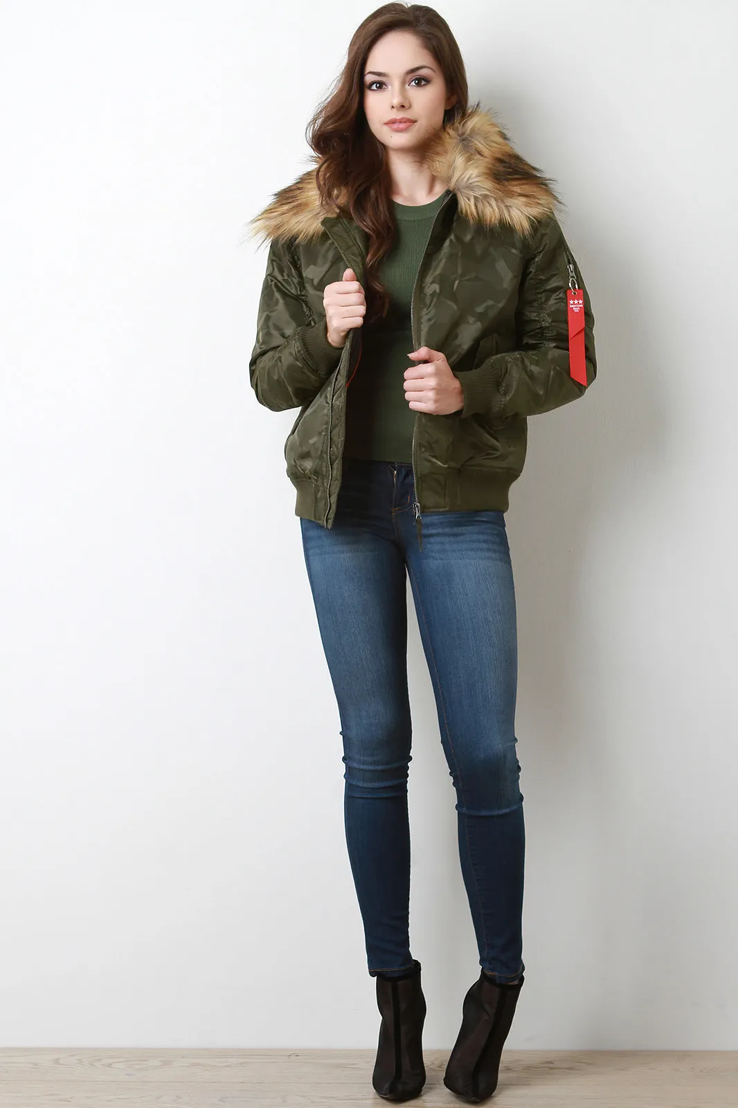 Remove Before Flight Camo Fur Collar Bomber Jacket