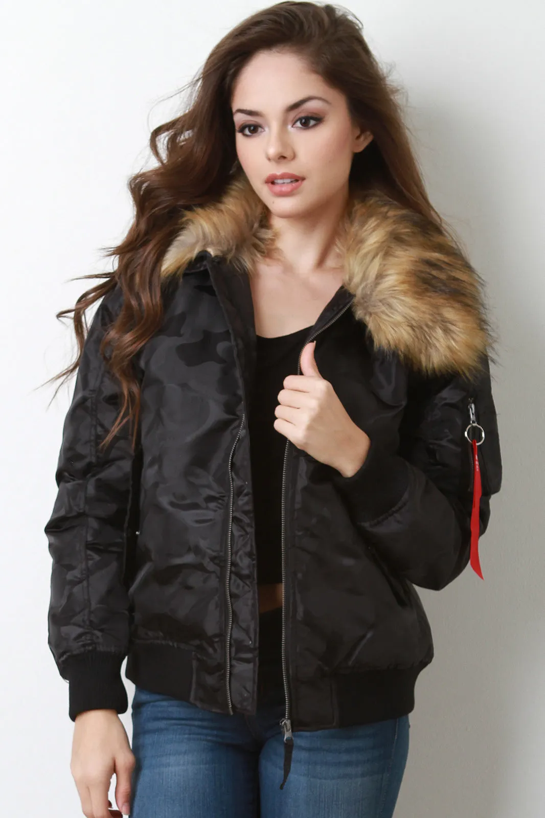 Remove Before Flight Camo Fur Collar Bomber Jacket