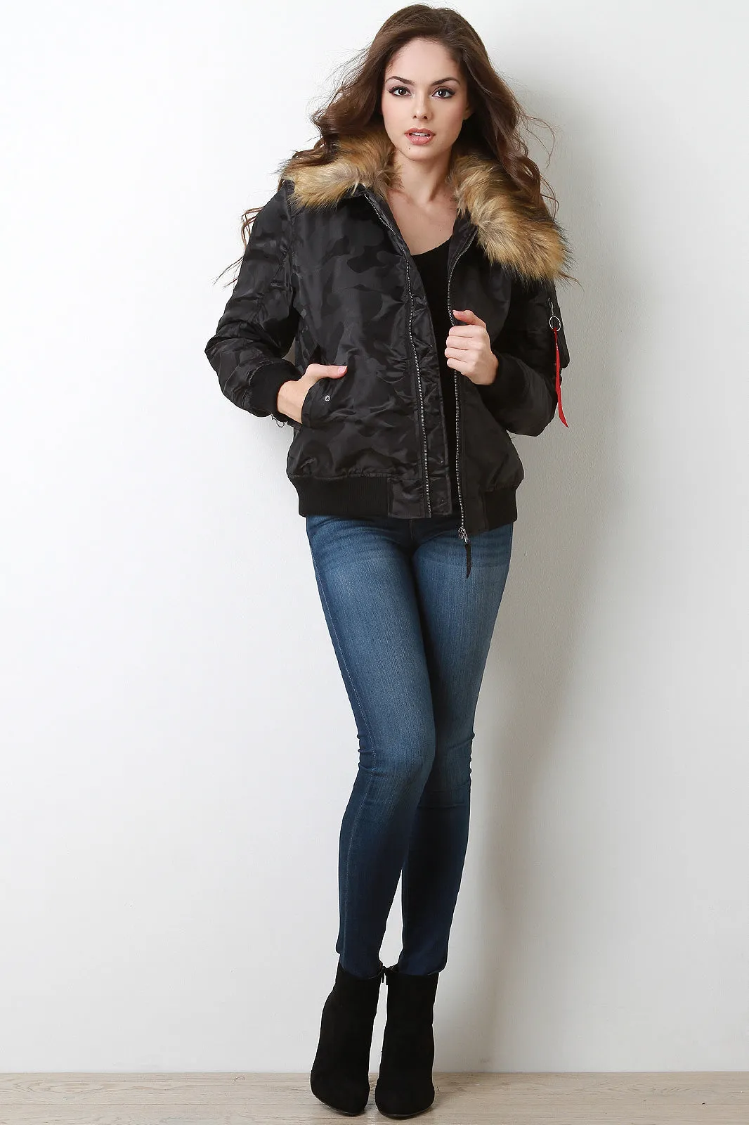 Remove Before Flight Camo Fur Collar Bomber Jacket