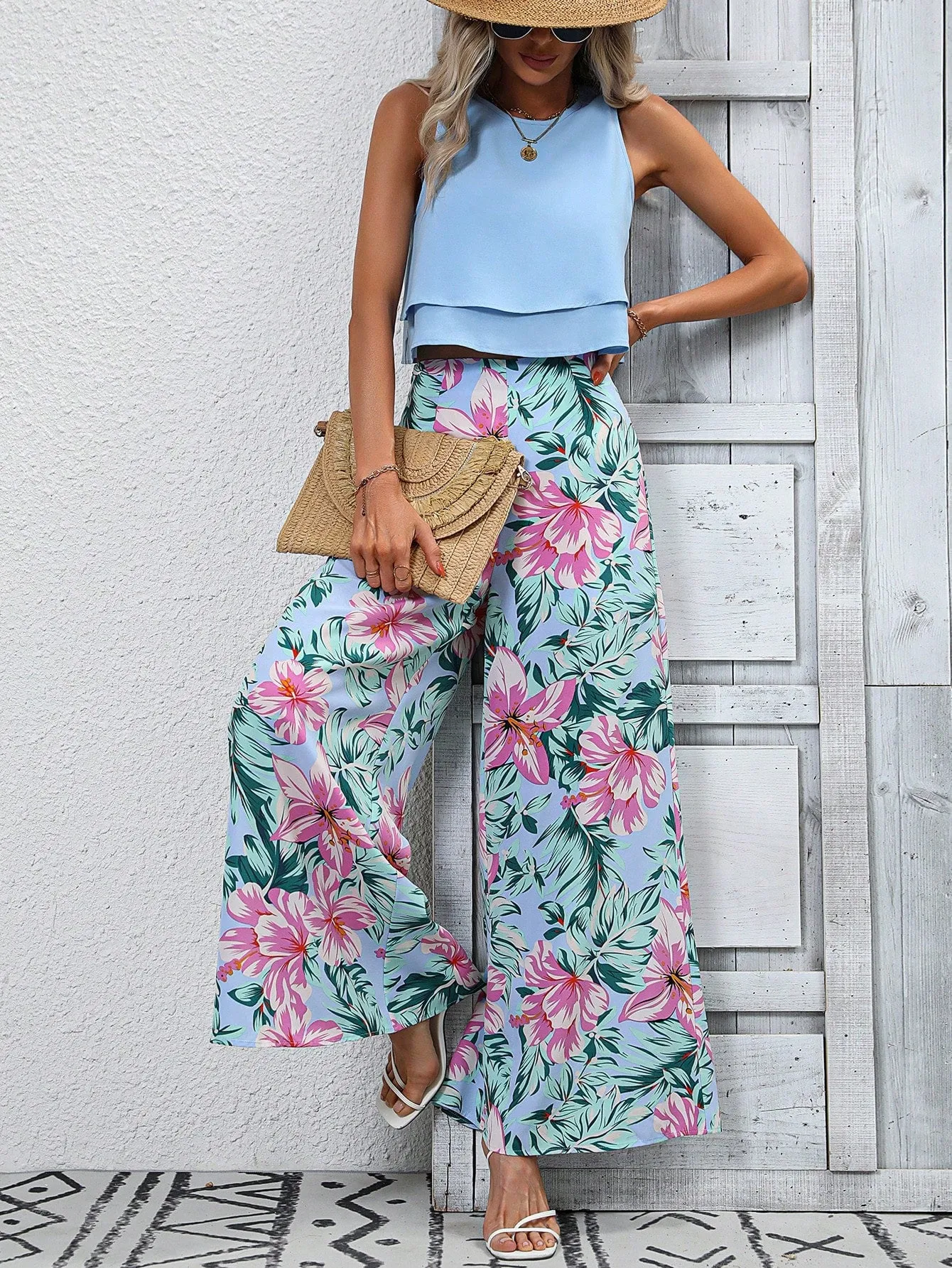 Round Neck Boho Tank Top with Tropical Print Wide Leg Pants