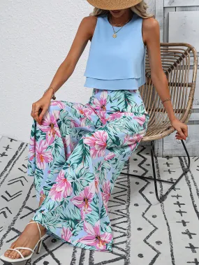 Round Neck Boho Tank Top with Tropical Print Wide Leg Pants