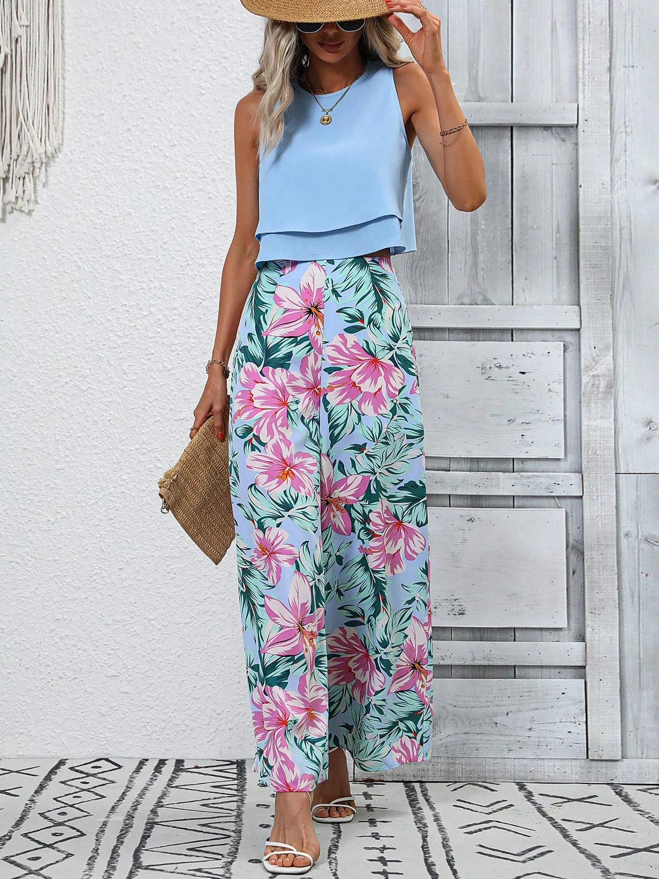 Round Neck Boho Tank Top with Tropical Print Wide Leg Pants