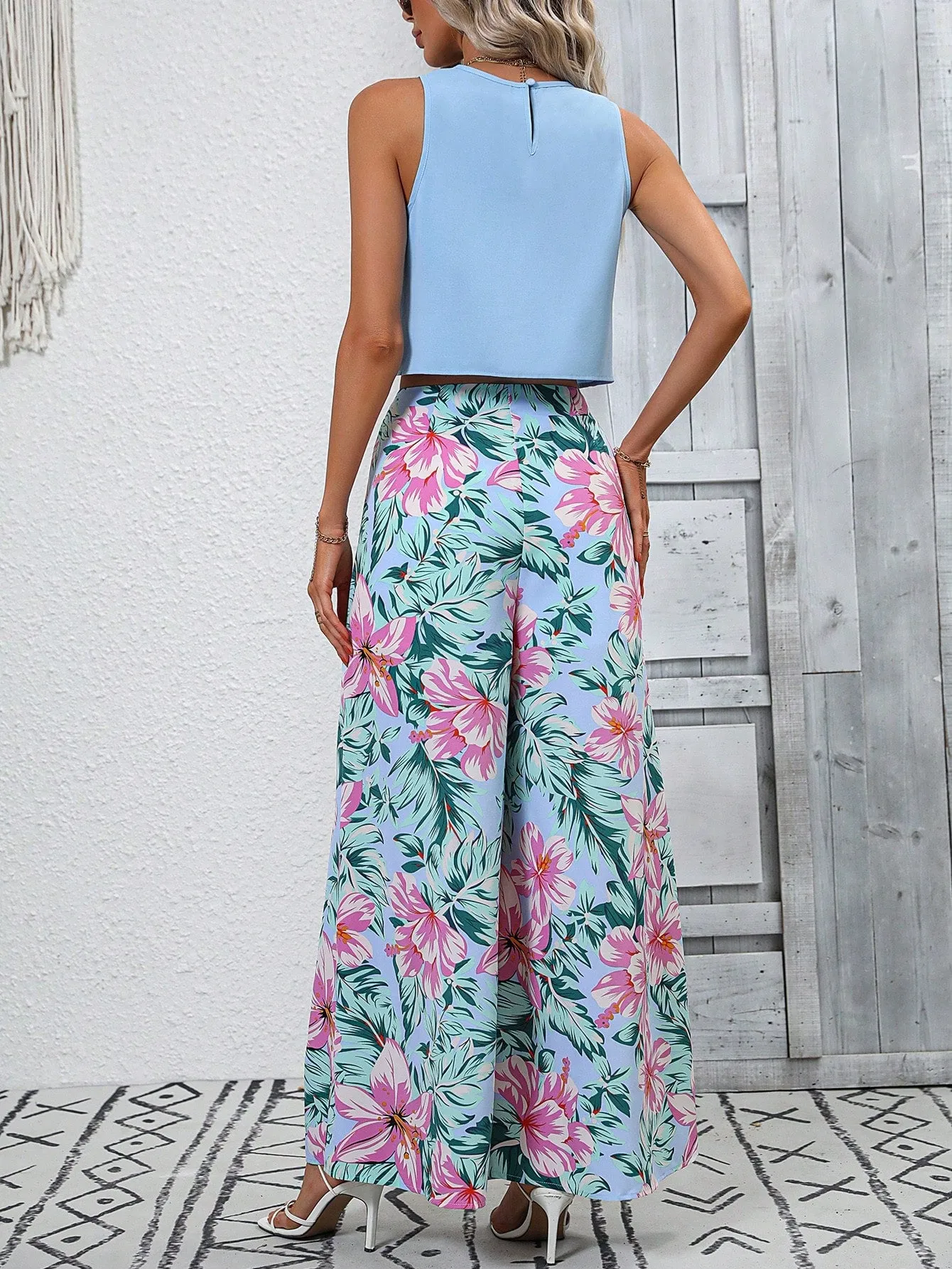 Round Neck Boho Tank Top with Tropical Print Wide Leg Pants