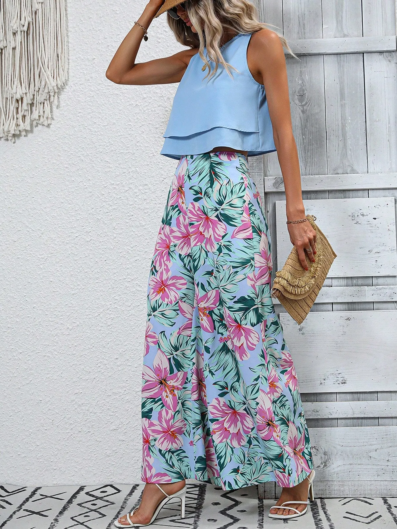 Round Neck Boho Tank Top with Tropical Print Wide Leg Pants