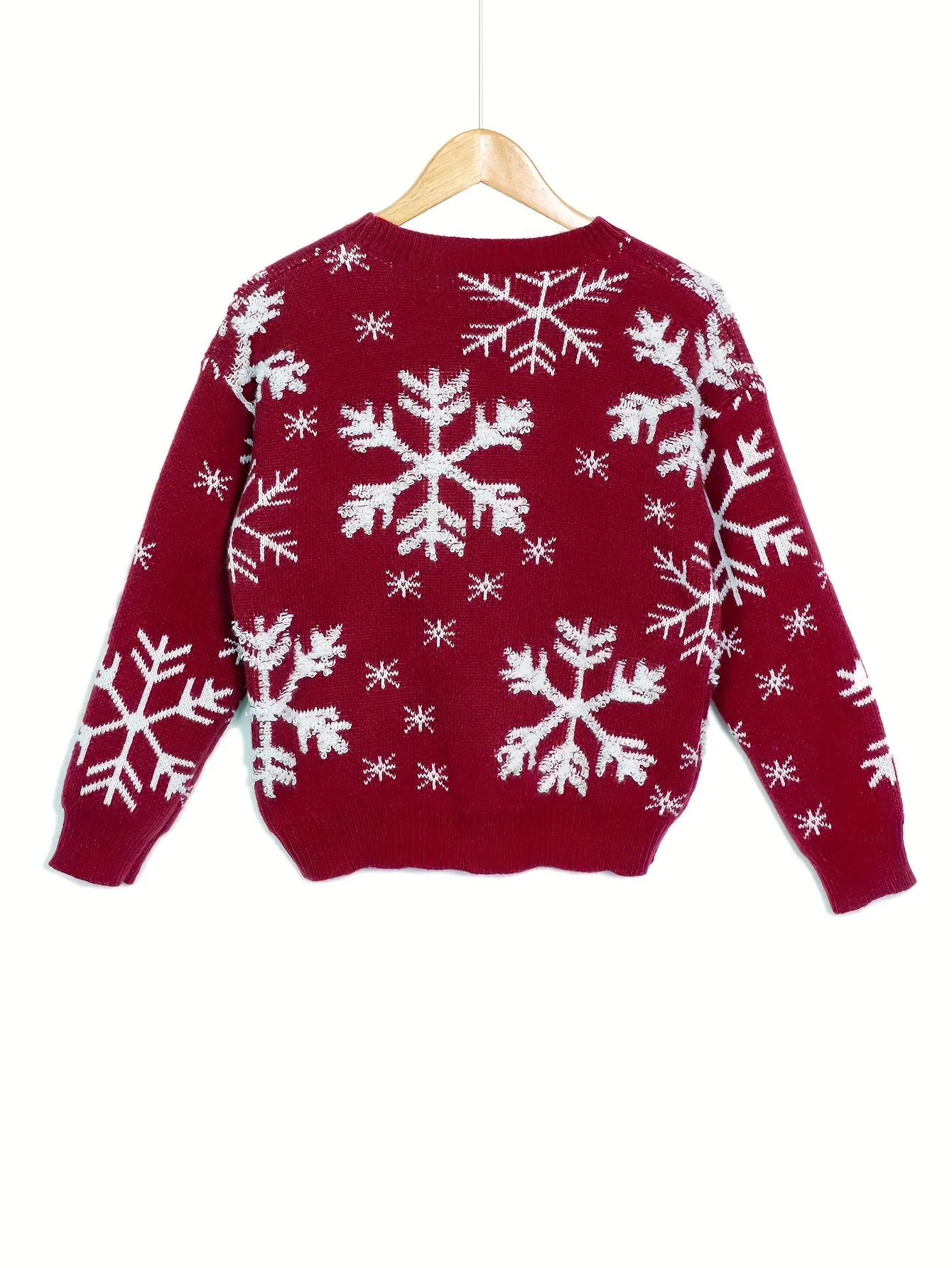 Snowflake Jacquard Crew Neck Knitted Sweater - Elegant, Soft, Long Sleeve Pullover for Fall & Winter, Women's Clothing with Classic Design and Cozy Fabric