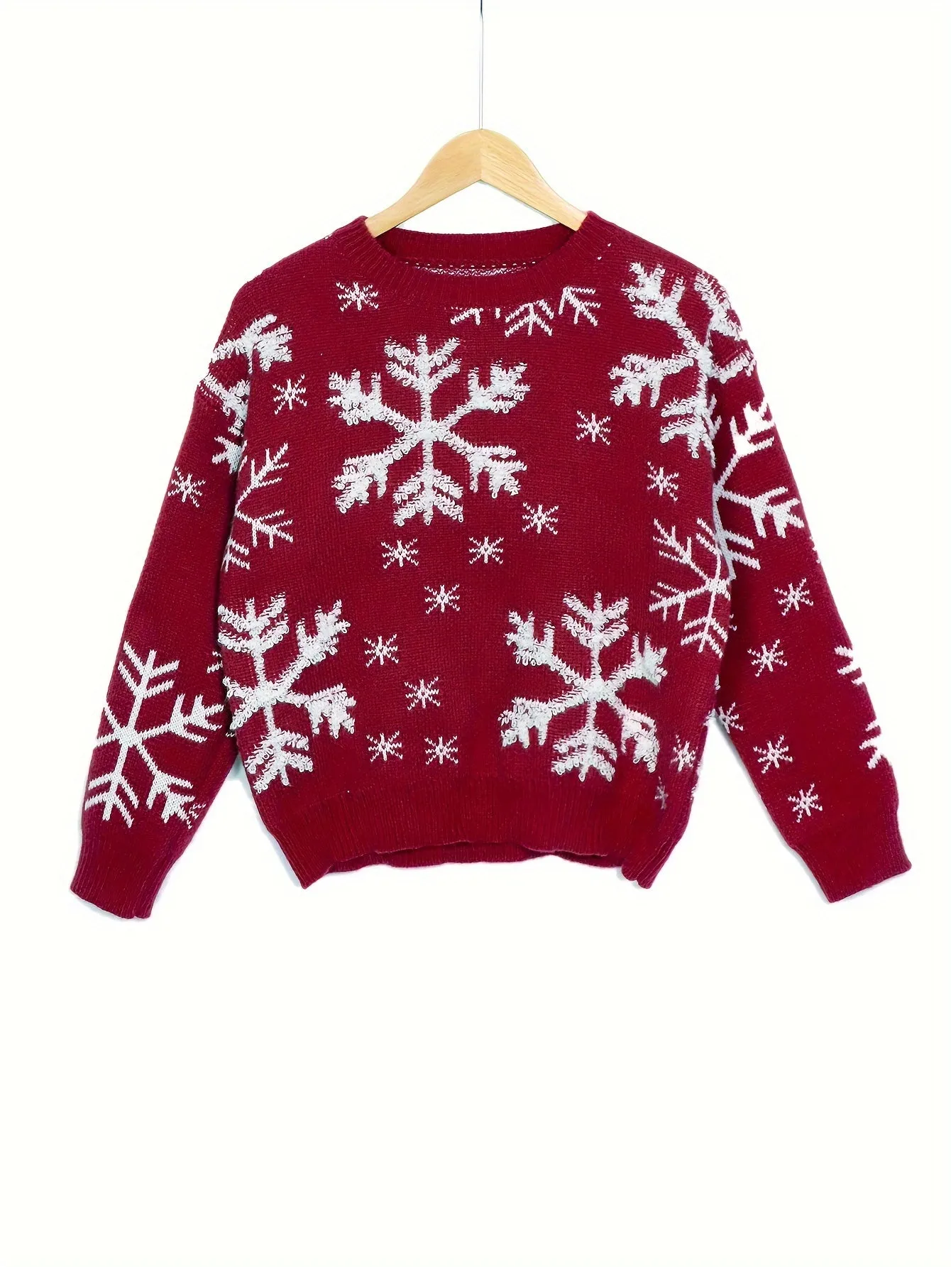 Snowflake Jacquard Crew Neck Knitted Sweater - Elegant, Soft, Long Sleeve Pullover for Fall & Winter, Women's Clothing with Classic Design and Cozy Fabric