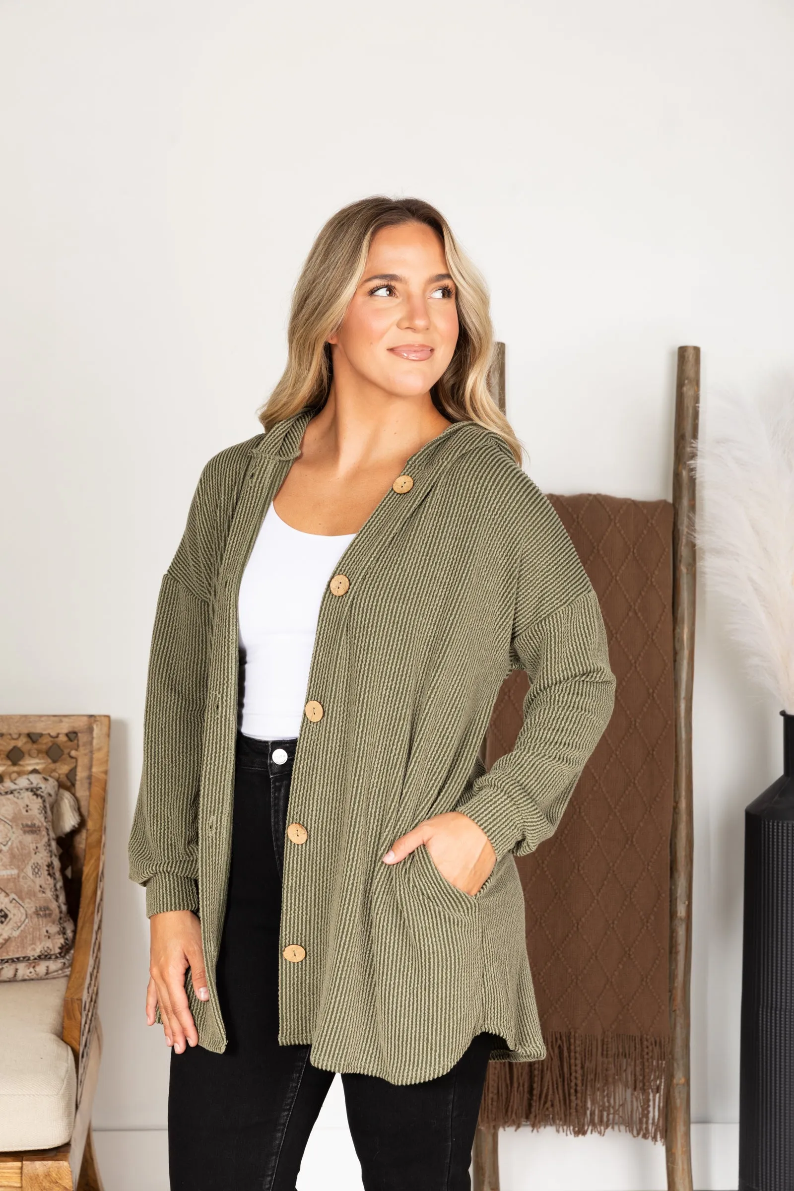 Solid Ribbed Long Button Up Shacket